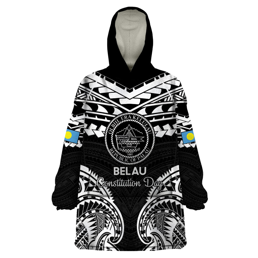 Palau Constitution Day Wearable Blanket Hoodie Belau Seal With Polynesian Pattern - Black