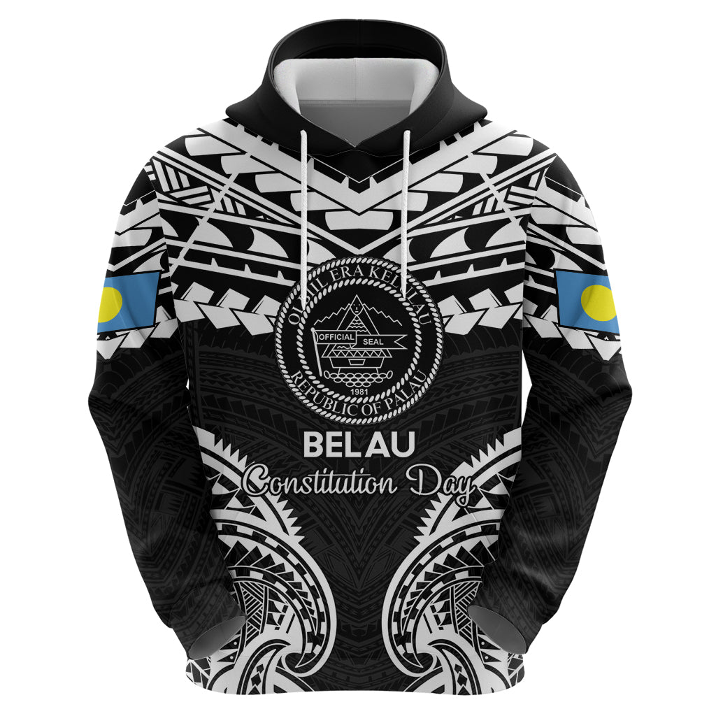 Palau Constitution Day Zip Hoodie Belau Seal With Polynesian Pattern - Black