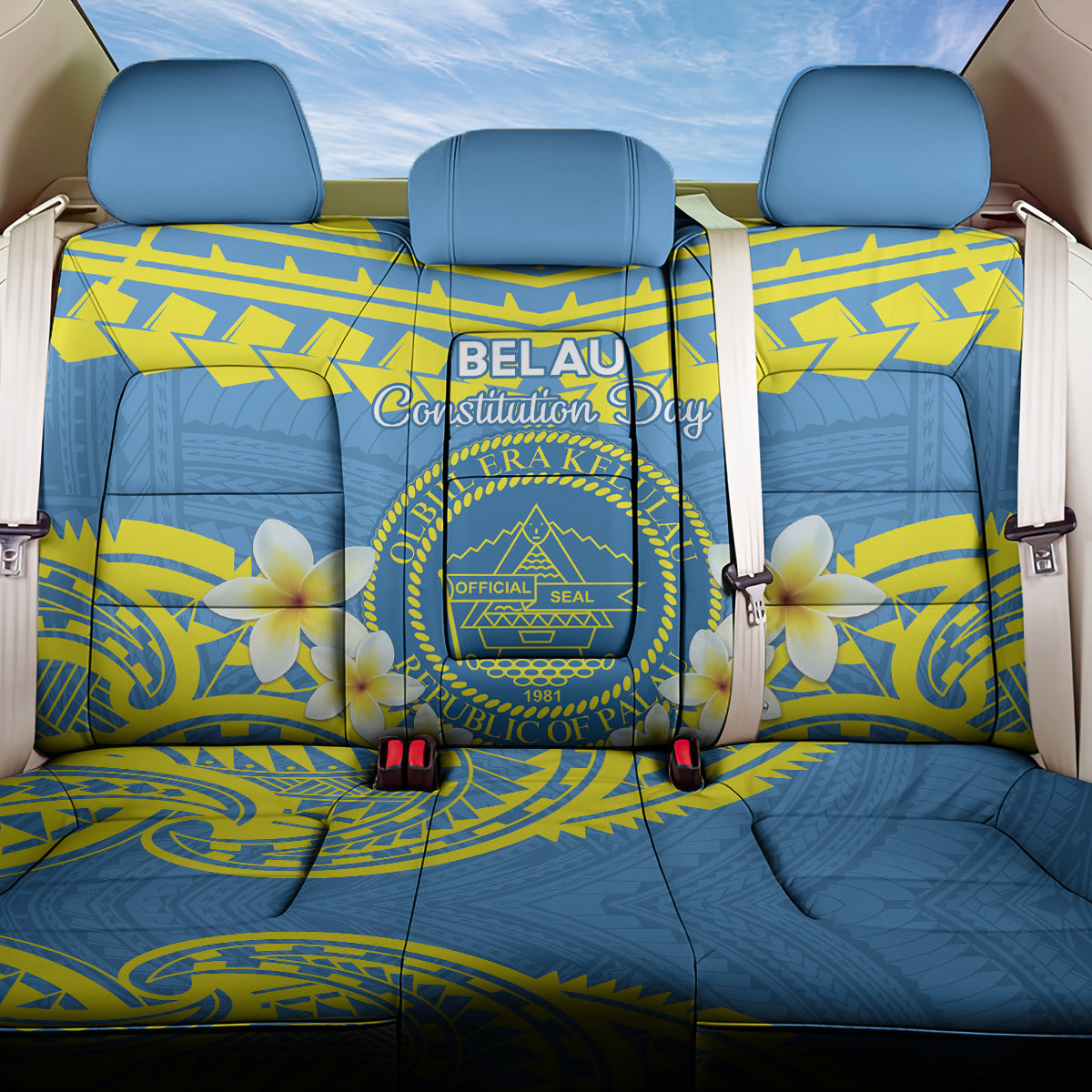 Palau Constitution Day Back Car Seat Cover Belau Seal With Frangipani Polynesian Pattern - Blue