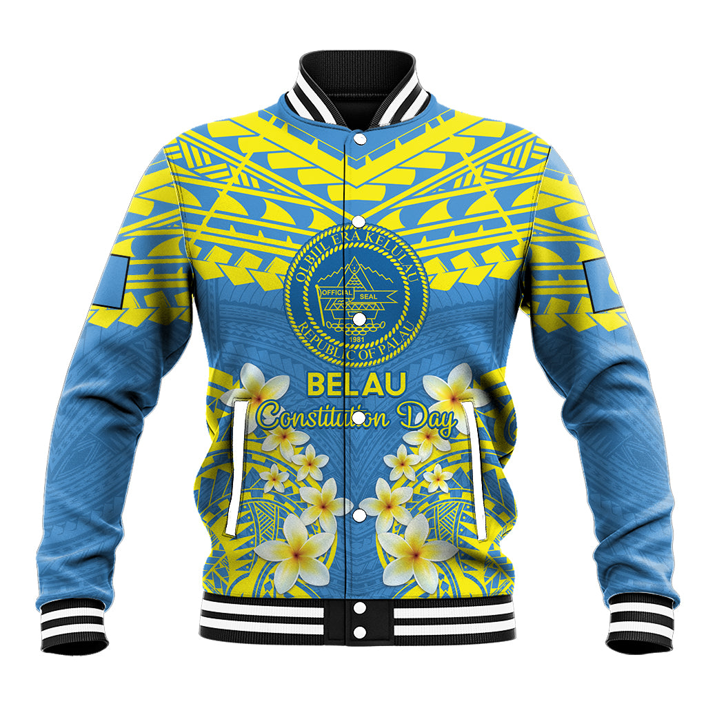 Palau Constitution Day Baseball Jacket Belau Seal With Frangipani Polynesian Pattern - Blue LT14 Unisex Blue - Polynesian Pride