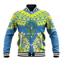 Palau Constitution Day Baseball Jacket Belau Seal With Frangipani Polynesian Pattern - Blue LT14 Unisex Blue - Polynesian Pride