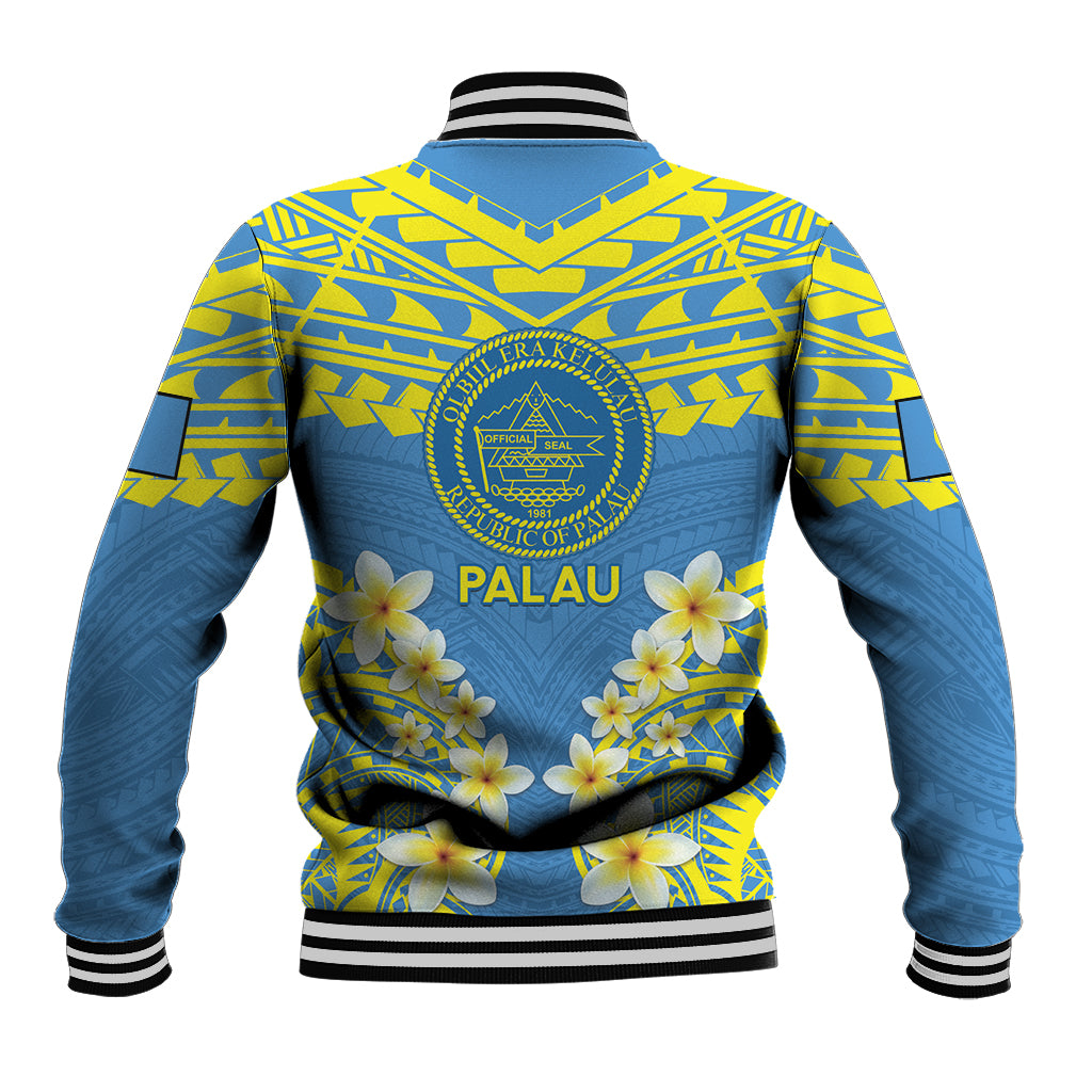 Palau Constitution Day Baseball Jacket Belau Seal With Frangipani Polynesian Pattern - Blue LT14 - Polynesian Pride