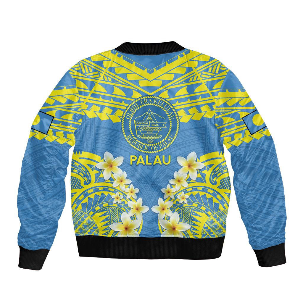 Palau Constitution Day Bomber Jacket Belau Seal With Frangipani Polynesian Pattern - Blue