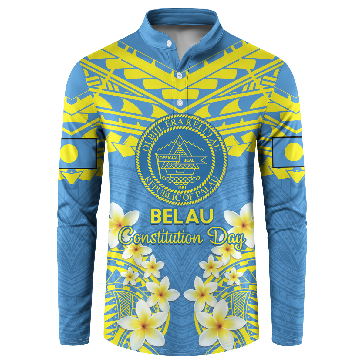 Palau Constitution Day Button Sweatshirt Belau Seal With Frangipani Polynesian Pattern - Blue LT14 Blue - Polynesian Pride