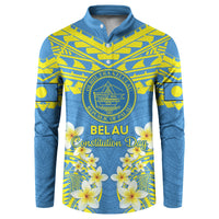 Palau Constitution Day Button Sweatshirt Belau Seal With Frangipani Polynesian Pattern - Blue LT14 Blue - Polynesian Pride