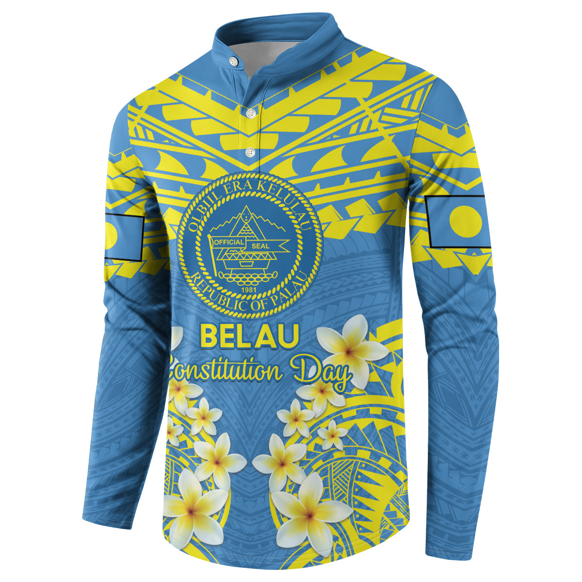Palau Constitution Day Button Sweatshirt Belau Seal With Frangipani Polynesian Pattern - Blue LT14 - Polynesian Pride