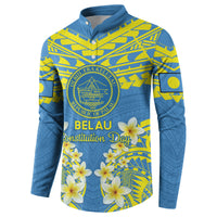 Palau Constitution Day Button Sweatshirt Belau Seal With Frangipani Polynesian Pattern - Blue LT14 - Polynesian Pride