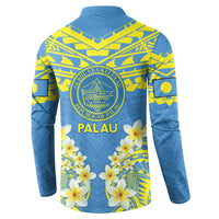 Palau Constitution Day Button Sweatshirt Belau Seal With Frangipani Polynesian Pattern - Blue LT14 - Polynesian Pride