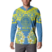 Palau Constitution Day Button Sweatshirt Belau Seal With Frangipani Polynesian Pattern - Blue LT14 - Polynesian Pride