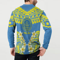 Palau Constitution Day Button Sweatshirt Belau Seal With Frangipani Polynesian Pattern - Blue LT14 - Polynesian Pride