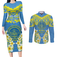 Palau Constitution Day Couples Matching Long Sleeve Bodycon Dress and Long Sleeve Button Shirt Belau Seal With Frangipani Polynesian Pattern - Blue LT14 Blue - Polynesian Pride