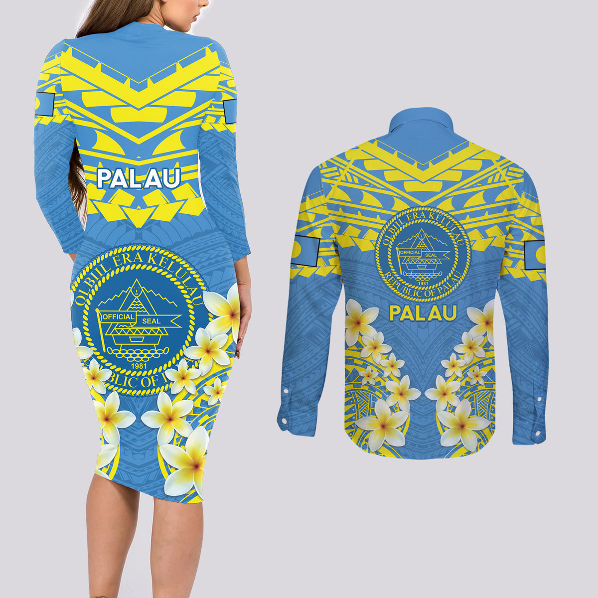 Palau Constitution Day Couples Matching Long Sleeve Bodycon Dress and Long Sleeve Button Shirt Belau Seal With Frangipani Polynesian Pattern - Blue LT14 - Polynesian Pride