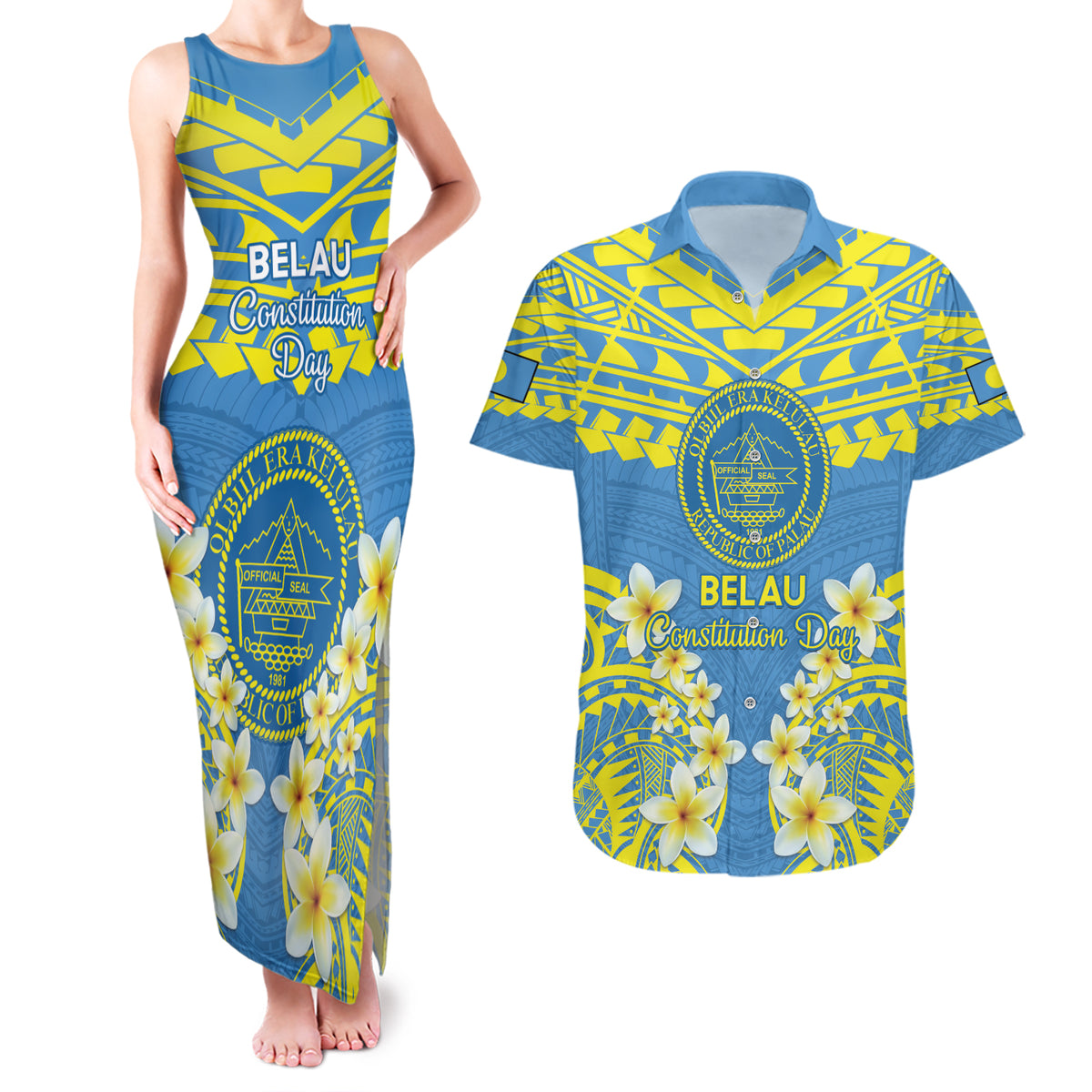 Palau Constitution Day Couples Matching Tank Maxi Dress and Hawaiian Shirt Belau Seal With Frangipani Polynesian Pattern - Blue LT14 Blue - Polynesian Pride