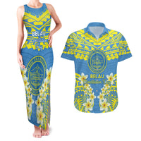 Palau Constitution Day Couples Matching Tank Maxi Dress and Hawaiian Shirt Belau Seal With Frangipani Polynesian Pattern - Blue LT14 Blue - Polynesian Pride