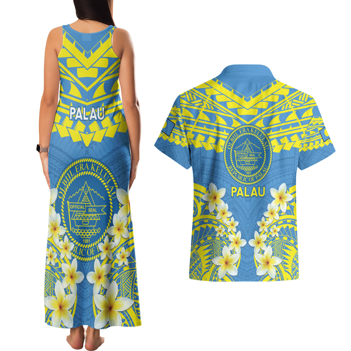 Palau Constitution Day Couples Matching Tank Maxi Dress and Hawaiian Shirt Belau Seal With Frangipani Polynesian Pattern - Blue LT14 - Polynesian Pride