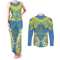 Palau Constitution Day Couples Matching Tank Maxi Dress and Long Sleeve Button Shirt Belau Seal With Frangipani Polynesian Pattern - Blue LT14 Blue - Polynesian Pride