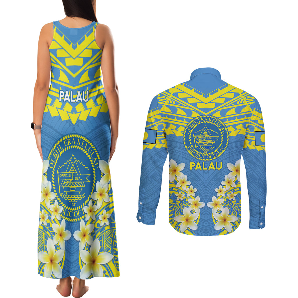 Palau Constitution Day Couples Matching Tank Maxi Dress and Long Sleeve Button Shirt Belau Seal With Frangipani Polynesian Pattern - Blue LT14 - Polynesian Pride