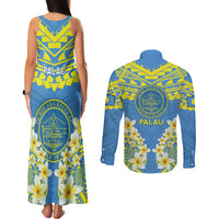 Palau Constitution Day Couples Matching Tank Maxi Dress and Long Sleeve Button Shirt Belau Seal With Frangipani Polynesian Pattern - Blue LT14 - Polynesian Pride