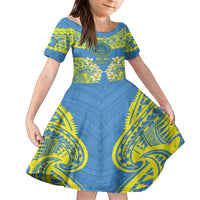 Palau Constitution Day Family Matching Long Sleeve Bodycon Dress and Hawaiian Shirt Belau Seal With Frangipani Polynesian Pattern - Blue LT14 Daughter's Dress Blue - Polynesian Pride