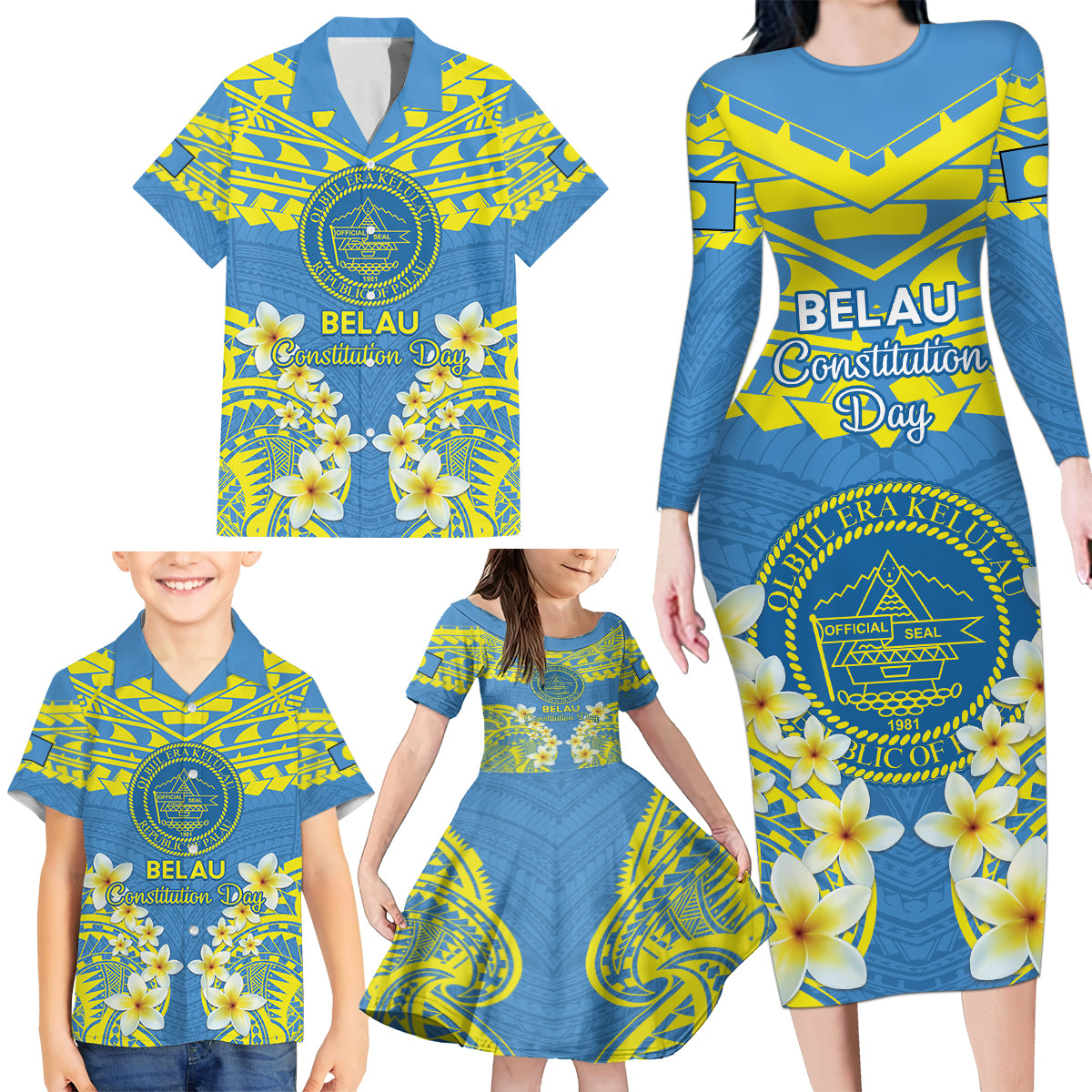 Palau Constitution Day Family Matching Long Sleeve Bodycon Dress and Hawaiian Shirt Belau Seal With Frangipani Polynesian Pattern - Blue LT14 - Polynesian Pride
