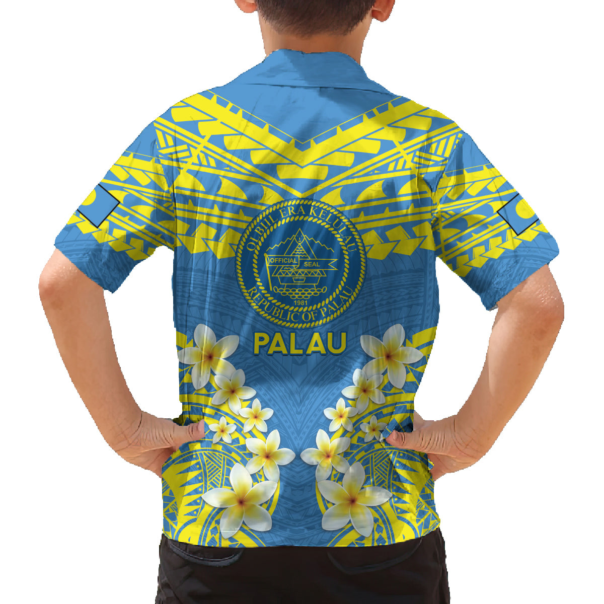 Palau Constitution Day Family Matching Off Shoulder Maxi Dress and Hawaiian Shirt Belau Seal With Frangipani Polynesian Pattern - Blue LT14 - Polynesian Pride
