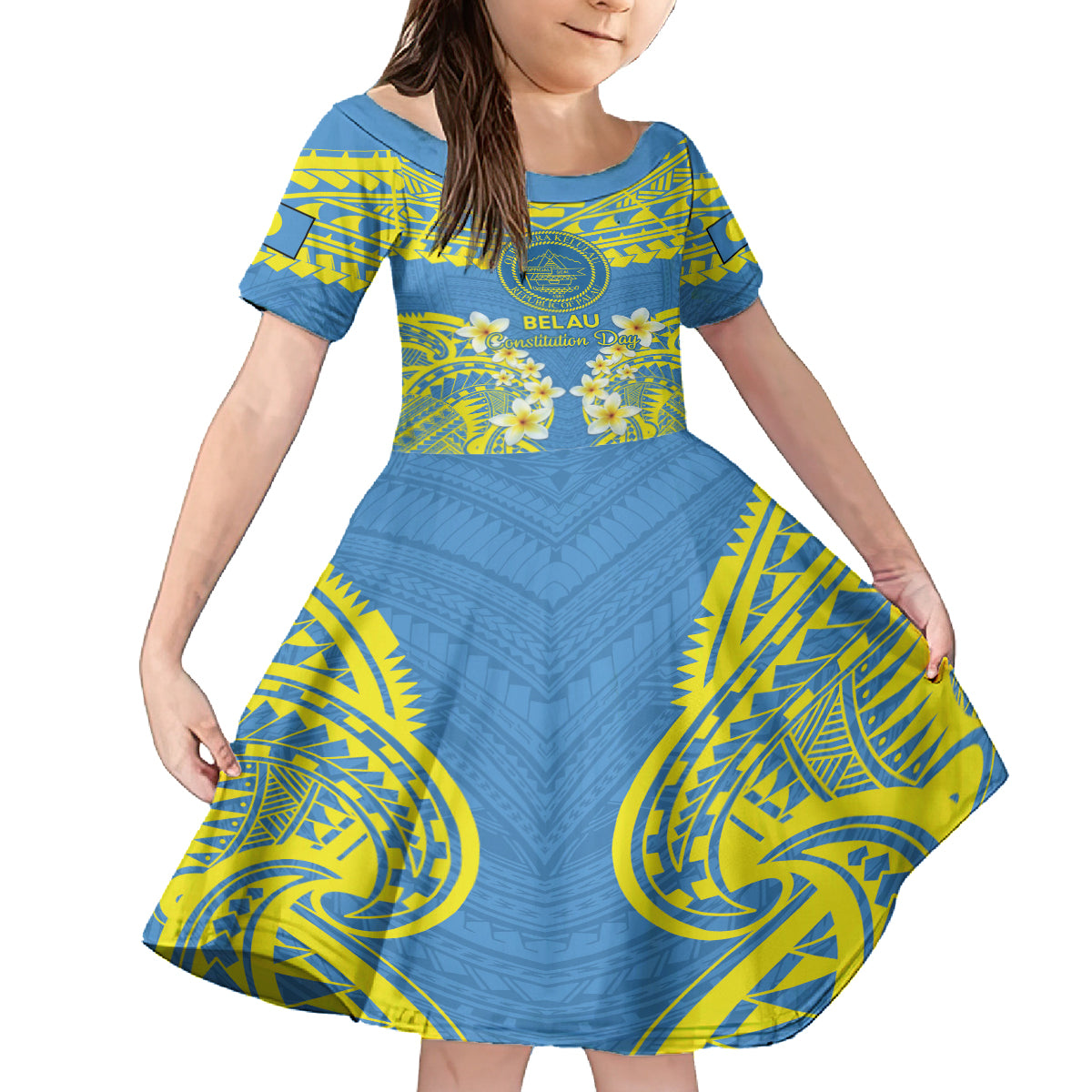Palau Constitution Day Family Matching Off Shoulder Maxi Dress and Hawaiian Shirt Belau Seal With Frangipani Polynesian Pattern - Blue LT14 Daughter's Dress Blue - Polynesian Pride