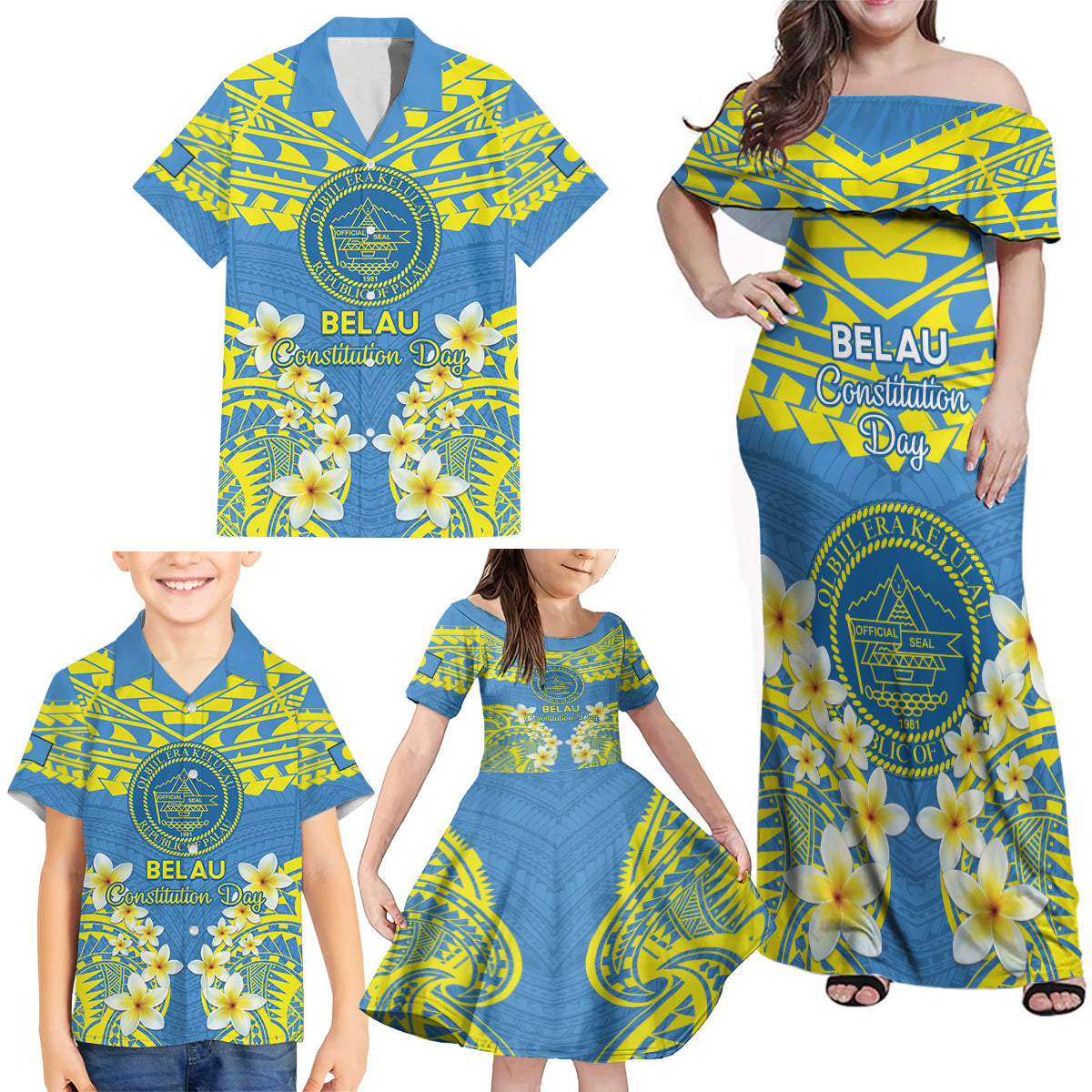 Palau Constitution Day Family Matching Off Shoulder Maxi Dress and Hawaiian Shirt Belau Seal With Frangipani Polynesian Pattern - Blue LT14 - Polynesian Pride
