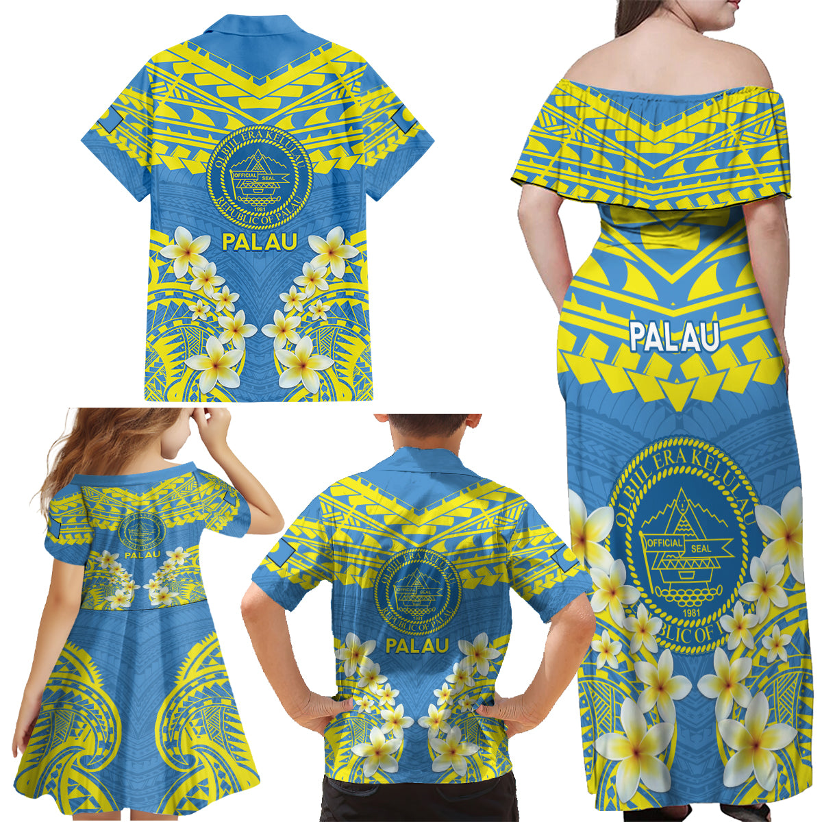Palau Constitution Day Family Matching Off Shoulder Maxi Dress and Hawaiian Shirt Belau Seal With Frangipani Polynesian Pattern - Blue LT14 - Polynesian Pride