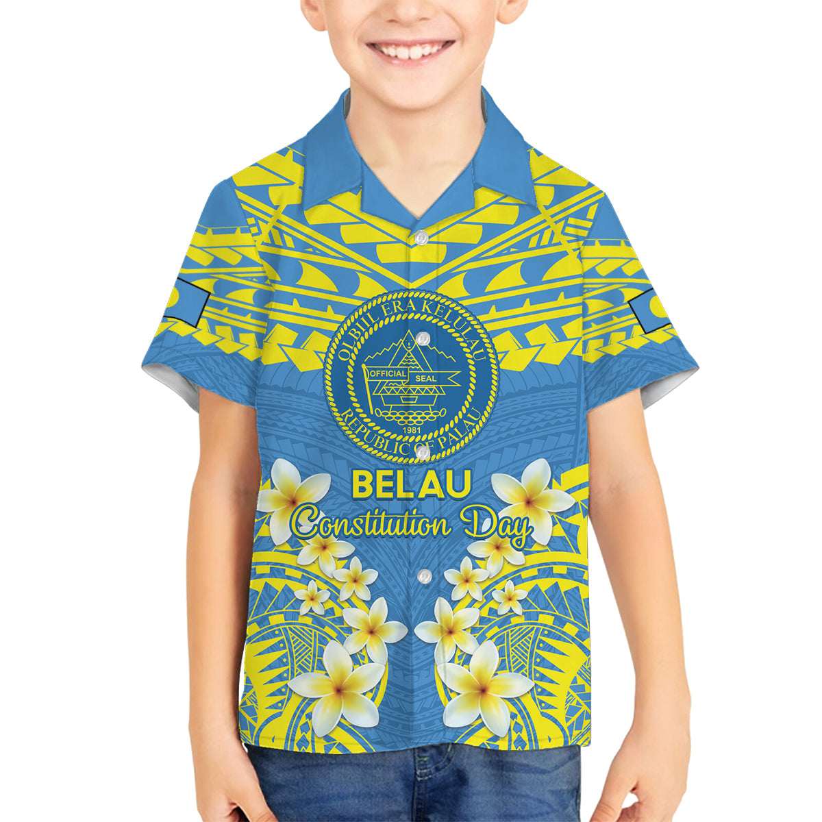 Palau Constitution Day Family Matching Off Shoulder Maxi Dress and Hawaiian Shirt Belau Seal With Frangipani Polynesian Pattern - Blue LT14 Son's Shirt Blue - Polynesian Pride