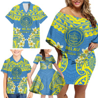 Palau Constitution Day Family Matching Off Shoulder Short Dress and Hawaiian Shirt Belau Seal With Frangipani Polynesian Pattern - Blue LT14 - Polynesian Pride