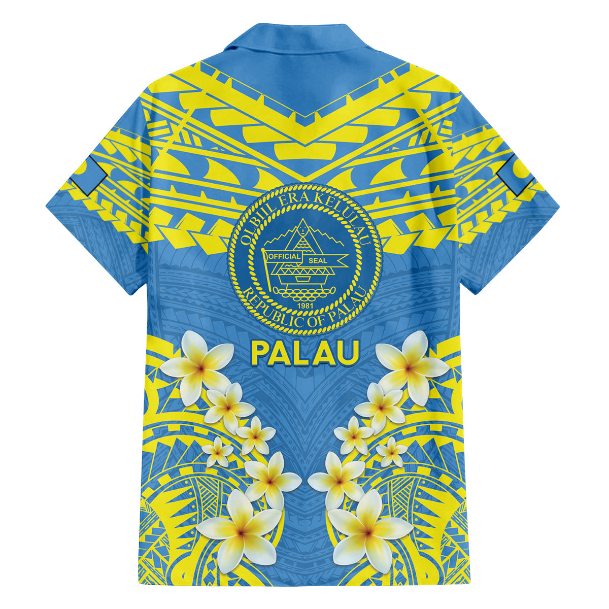Palau Constitution Day Family Matching Off Shoulder Short Dress and Hawaiian Shirt Belau Seal With Frangipani Polynesian Pattern - Blue LT14 - Polynesian Pride