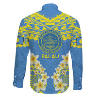 Palau Constitution Day Family Matching Off Shoulder Short Dress and Hawaiian Shirt Belau Seal With Frangipani Polynesian Pattern - Blue LT14 - Polynesian Pride