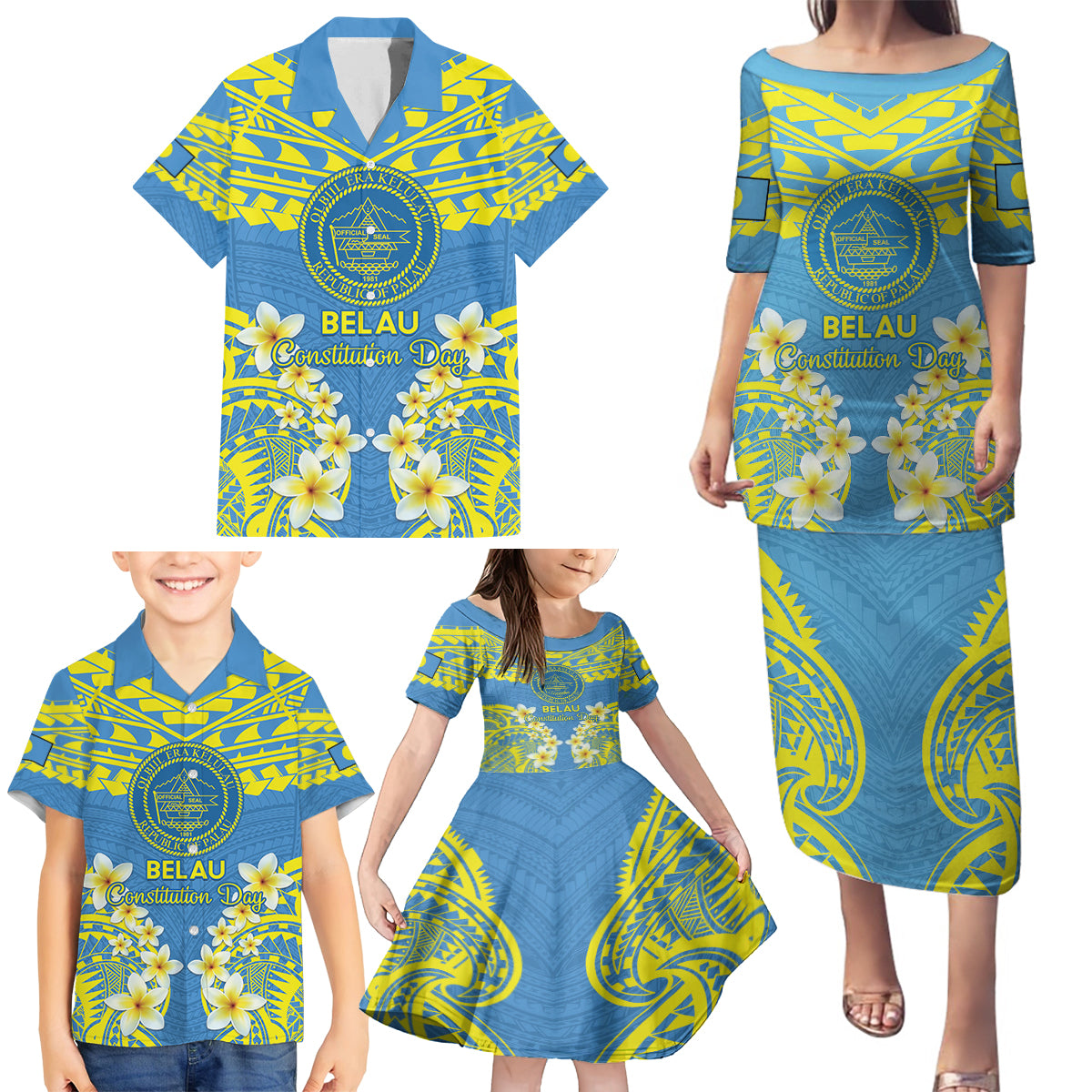 Palau Constitution Day Family Matching Puletasi and Hawaiian Shirt Belau Seal With Frangipani Polynesian Pattern - Blue LT14 - Polynesian Pride