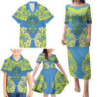 Palau Constitution Day Family Matching Puletasi and Hawaiian Shirt Belau Seal With Frangipani Polynesian Pattern - Blue LT14 - Polynesian Pride