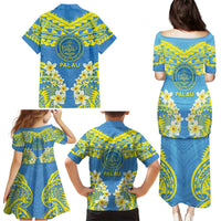 Palau Constitution Day Family Matching Puletasi and Hawaiian Shirt Belau Seal With Frangipani Polynesian Pattern - Blue LT14 - Polynesian Pride