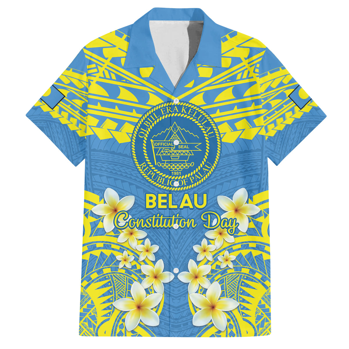 Palau Constitution Day Family Matching Puletasi and Hawaiian Shirt Belau Seal With Frangipani Polynesian Pattern - Blue LT14 Dad's Shirt - Short Sleeve Blue - Polynesian Pride