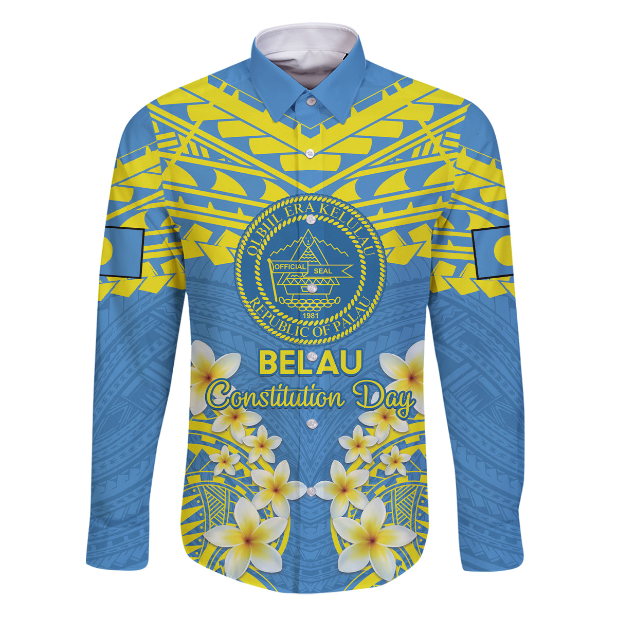Palau Constitution Day Family Matching Puletasi and Hawaiian Shirt Belau Seal With Frangipani Polynesian Pattern - Blue LT14 Dad's Shirt - Long Sleeve Blue - Polynesian Pride