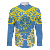 Palau Constitution Day Family Matching Puletasi and Hawaiian Shirt Belau Seal With Frangipani Polynesian Pattern - Blue LT14 Dad's Shirt - Long Sleeve Blue - Polynesian Pride