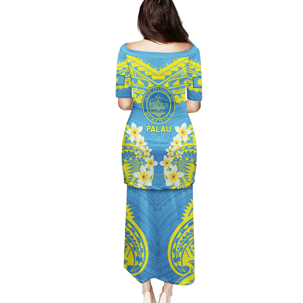 Palau Constitution Day Family Matching Puletasi and Hawaiian Shirt Belau Seal With Frangipani Polynesian Pattern - Blue LT14 - Polynesian Pride