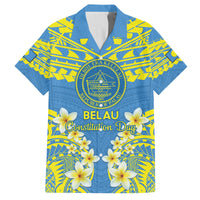 Palau Constitution Day Family Matching Summer Maxi Dress and Hawaiian Shirt Belau Seal With Frangipani Polynesian Pattern - Blue LT14 Dad's Shirt - Short Sleeve Blue - Polynesian Pride