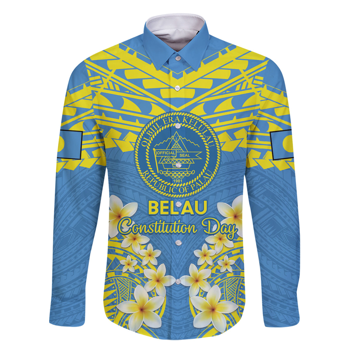 Palau Constitution Day Family Matching Summer Maxi Dress and Hawaiian Shirt Belau Seal With Frangipani Polynesian Pattern - Blue LT14 Dad's Shirt - Long Sleeve Blue - Polynesian Pride