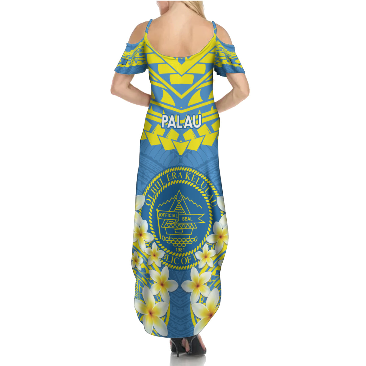 Palau Constitution Day Family Matching Summer Maxi Dress and Hawaiian Shirt Belau Seal With Frangipani Polynesian Pattern - Blue LT14 - Polynesian Pride