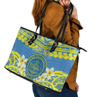 Palau Constitution Day Leather Tote Bag Belau Seal With Frangipani Polynesian Pattern - Blue