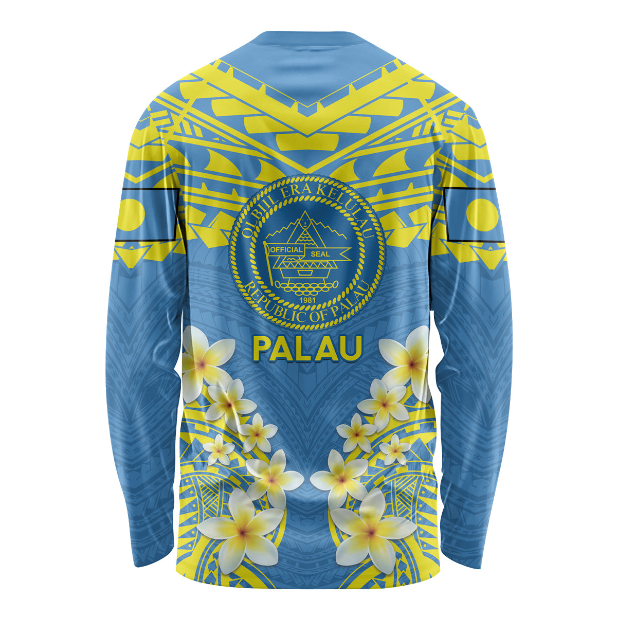 Palau Constitution Day Long Sleeve Shirt Belau Seal With Frangipani Polynesian Pattern - Blue