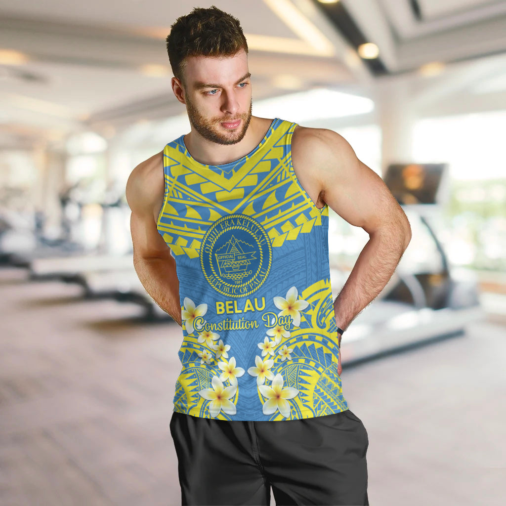 Palau Constitution Day Men Tank Top Belau Seal With Frangipani Polynesian Pattern - Blue