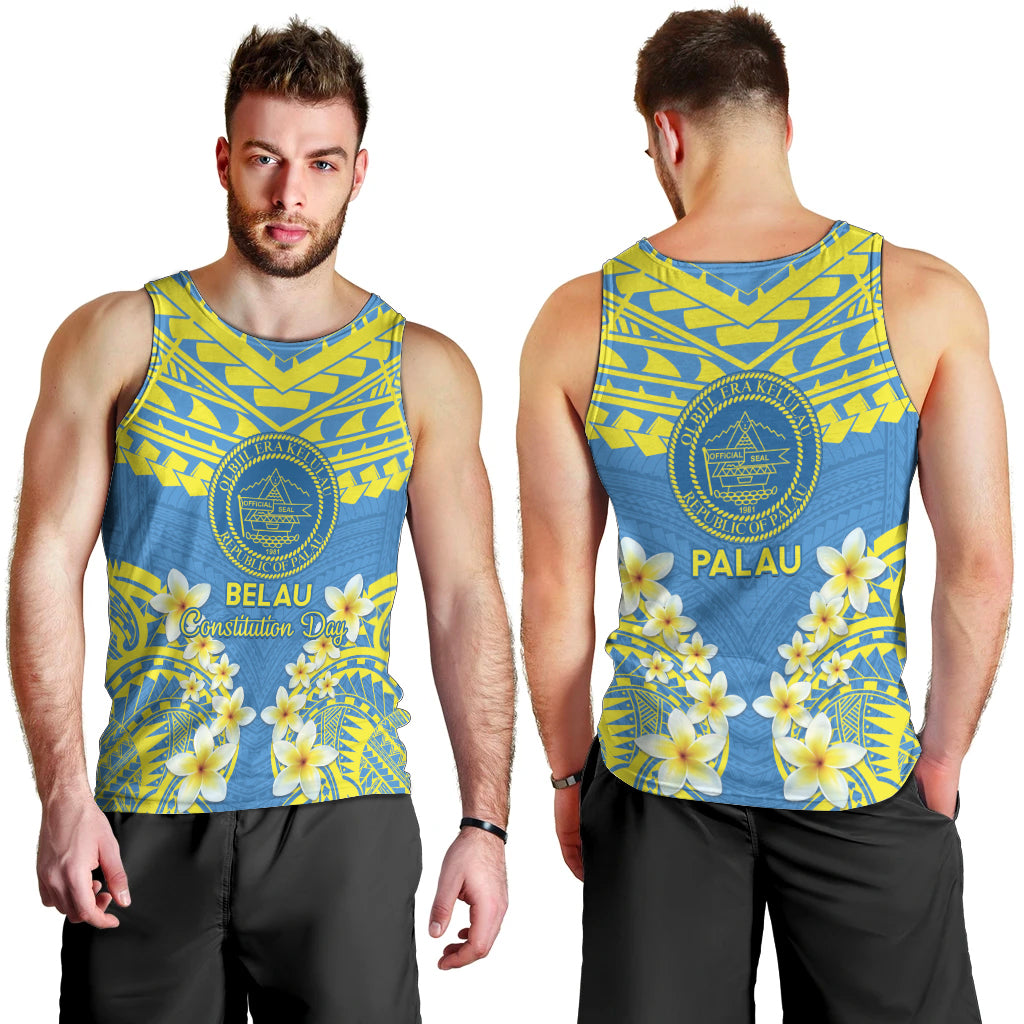 Palau Constitution Day Men Tank Top Belau Seal With Frangipani Polynesian Pattern - Blue