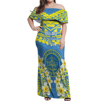Palau Constitution Day Off Shoulder Maxi Dress Belau Seal With Frangipani Polynesian Pattern - Blue LT14 Women Blue - Polynesian Pride