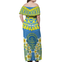 Palau Constitution Day Off Shoulder Maxi Dress Belau Seal With Frangipani Polynesian Pattern - Blue LT14 - Polynesian Pride