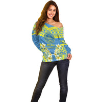 Palau Constitution Day Off Shoulder Sweater Belau Seal With Frangipani Polynesian Pattern - Blue