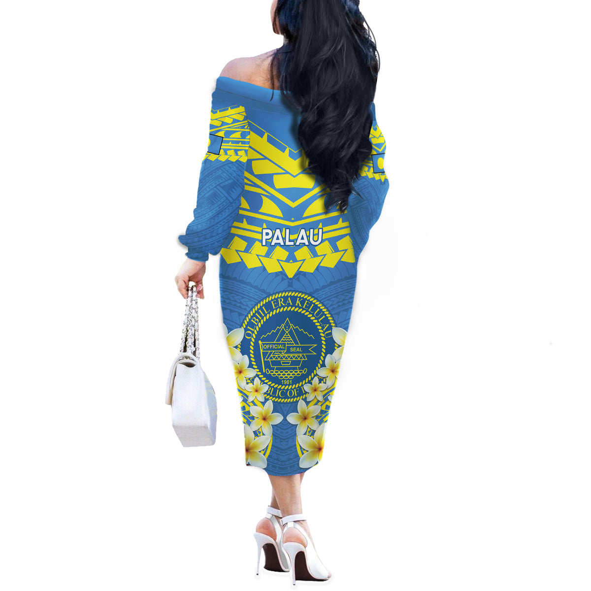 Palau Constitution Day Off The Shoulder Long Sleeve Dress Belau Seal With Frangipani Polynesian Pattern - Blue